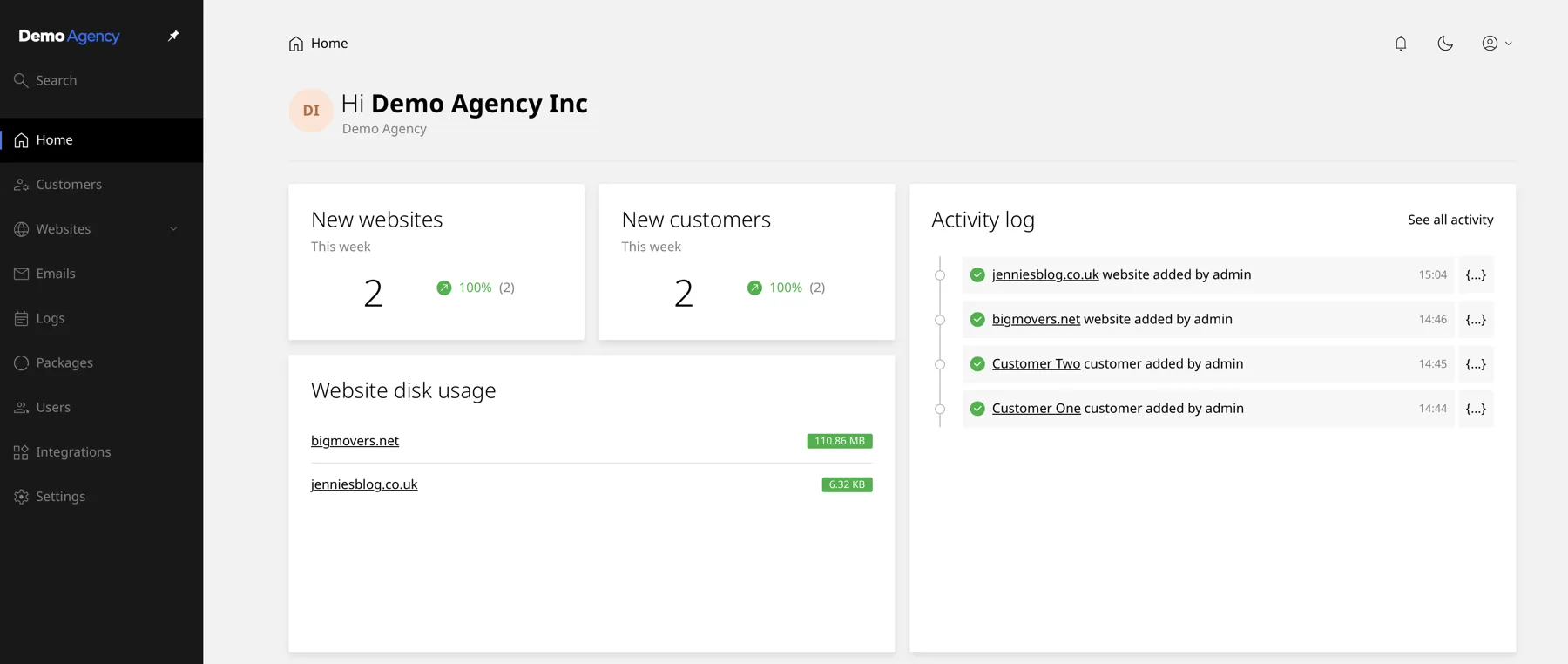The Enhance reseller panel branded as Demo Agency, showing client websites, new customers and an activity log.