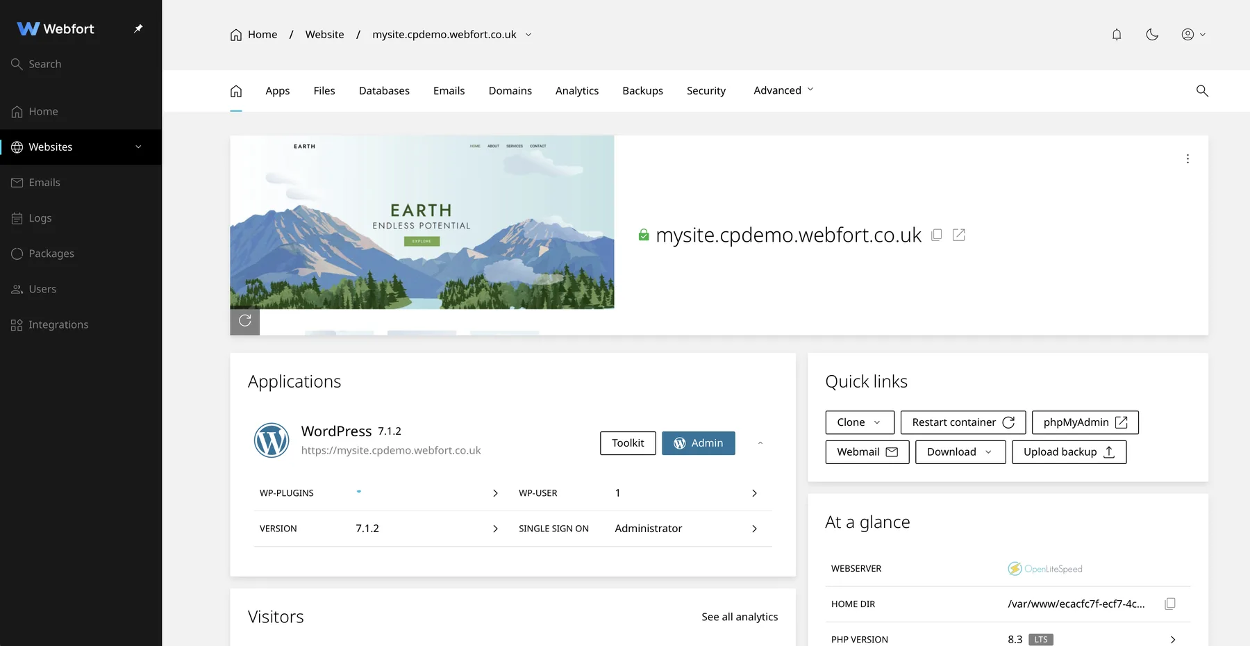 The Enhance control panel showing a WordPress site with its WordPress Manager, webmail and phpMyAdmin links.